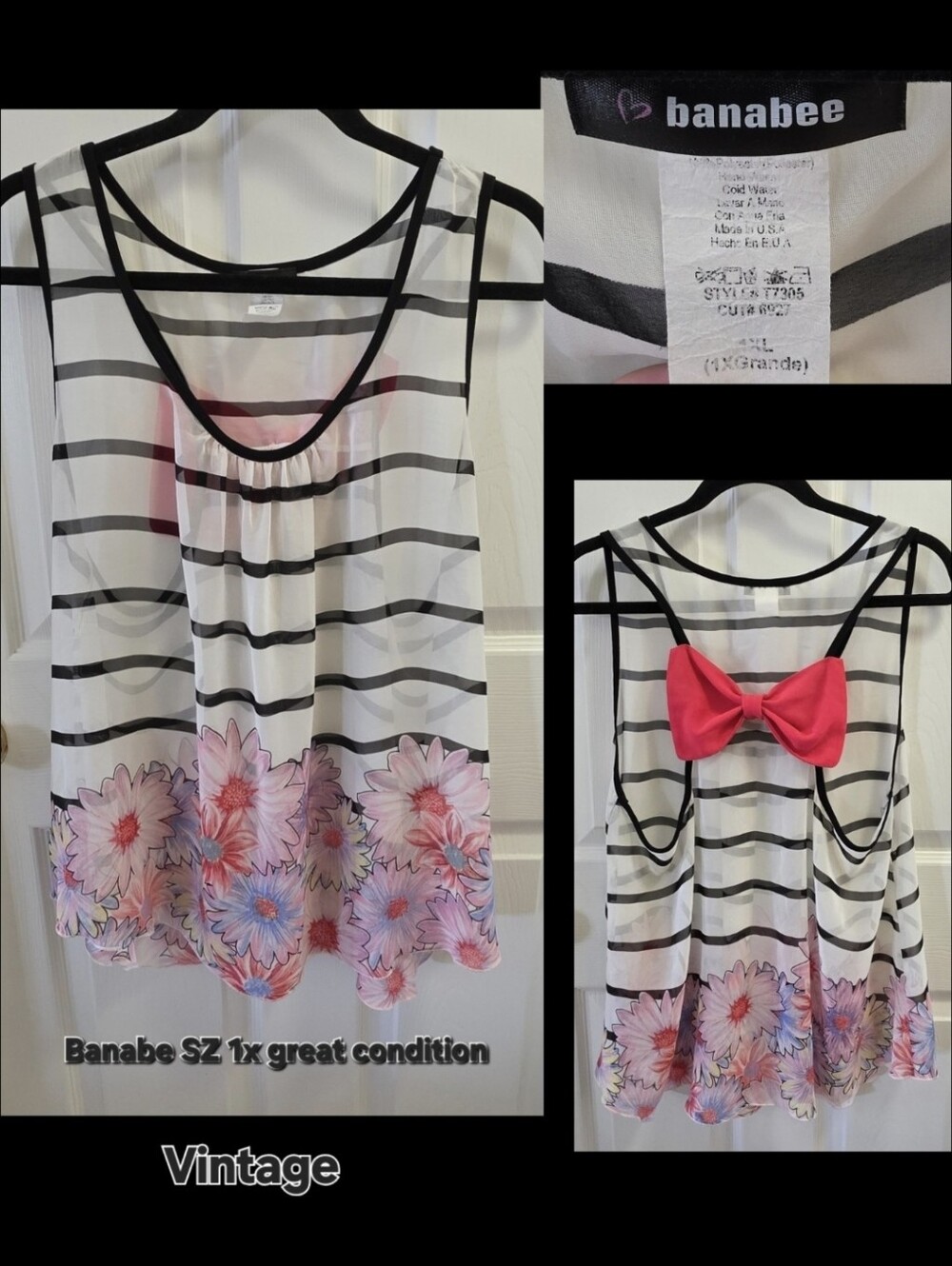 Vintage Banabee White & Pink Floral Striped Tank Top with Bow